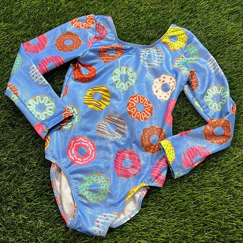 Girls' Blue Donut Print Long-Sleeve Leotard - Kids